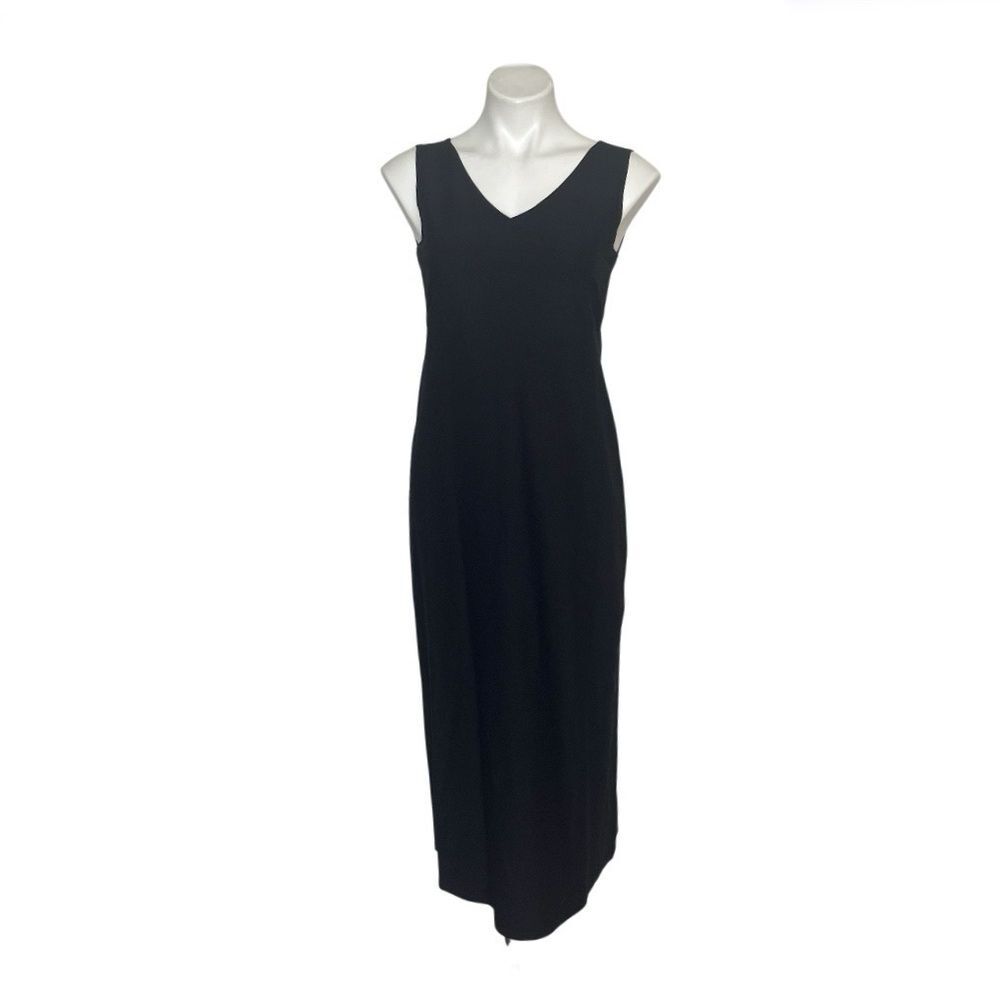 EILEEN FISHER Black Dress Sleeveless Mock Wrap Washable Crepe Size Medium NEW